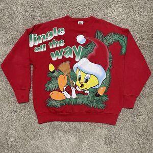 VTG Tweety Sweatshirt Womens Large Red 90s Looney Tunes 1997 Jingle All The Way